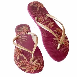 Havianas, Gold Flip Flops with Floral Footbed